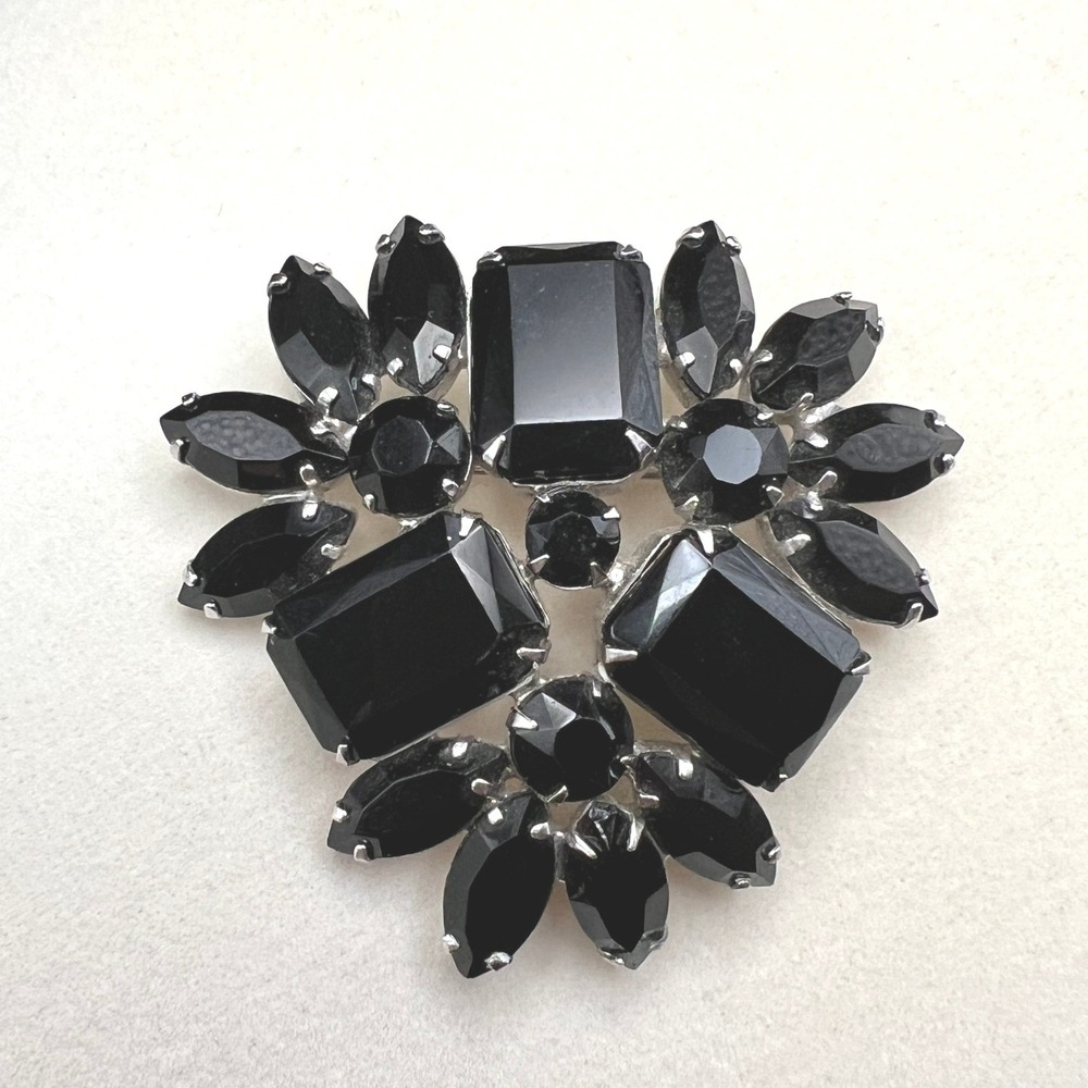Vintage Black Rhinestone Cluster Brooch Marquise Emerald Cut Domed Prong Set